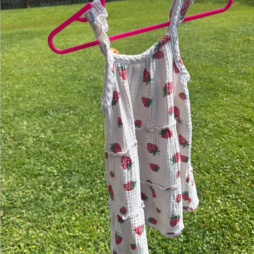Rabbit + Bear cream with strawberry pattern tank summer dress 3T Organic Cotton - Picture 2 of 4